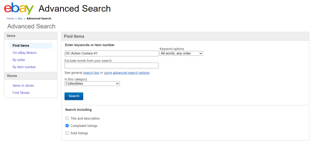 View sold items on eBay using Advanced search