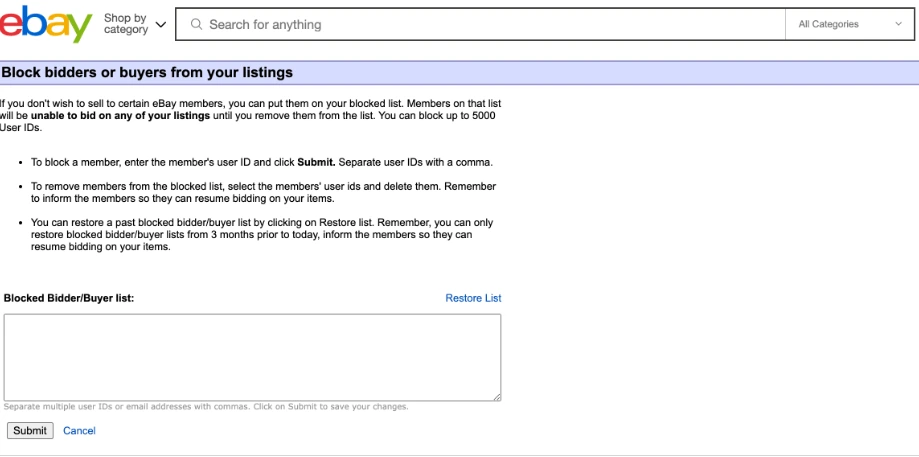 Adding username on eBay blocked buyers list
