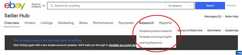 Accessing eBay Terapeak in Seller Hub