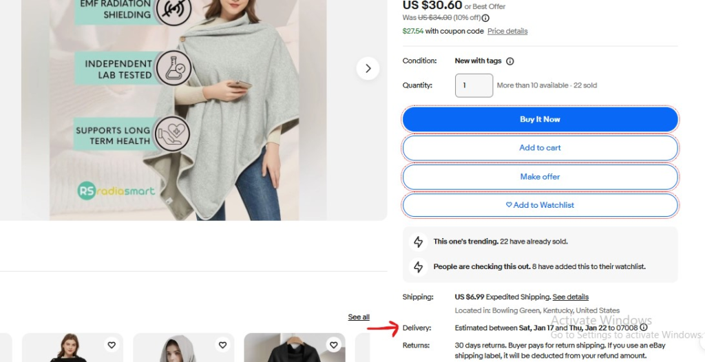 picture showing the estimated delivery date for the order after it has been shipped from seller