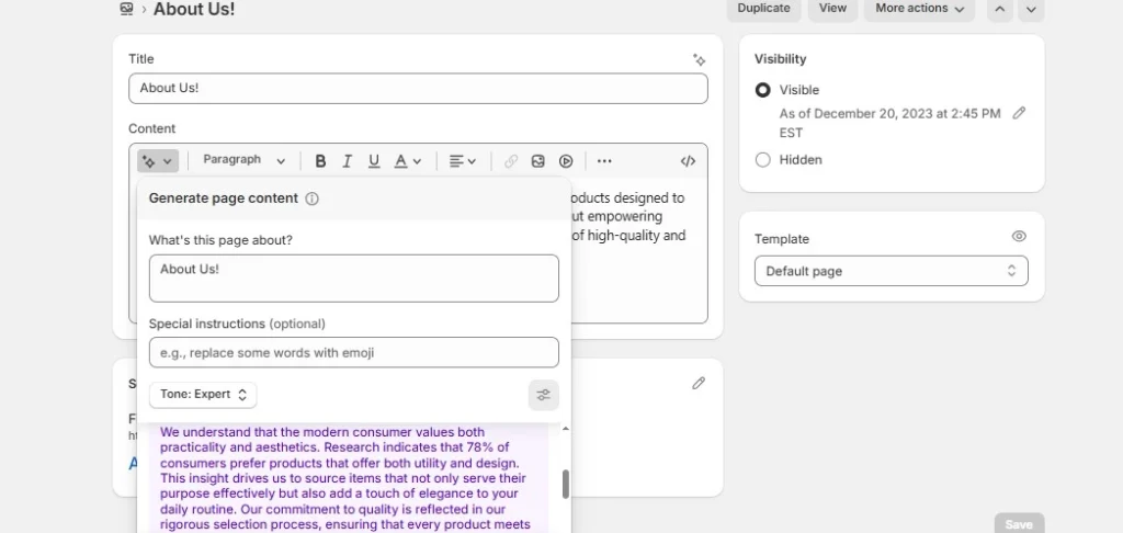 shopify magic page editing