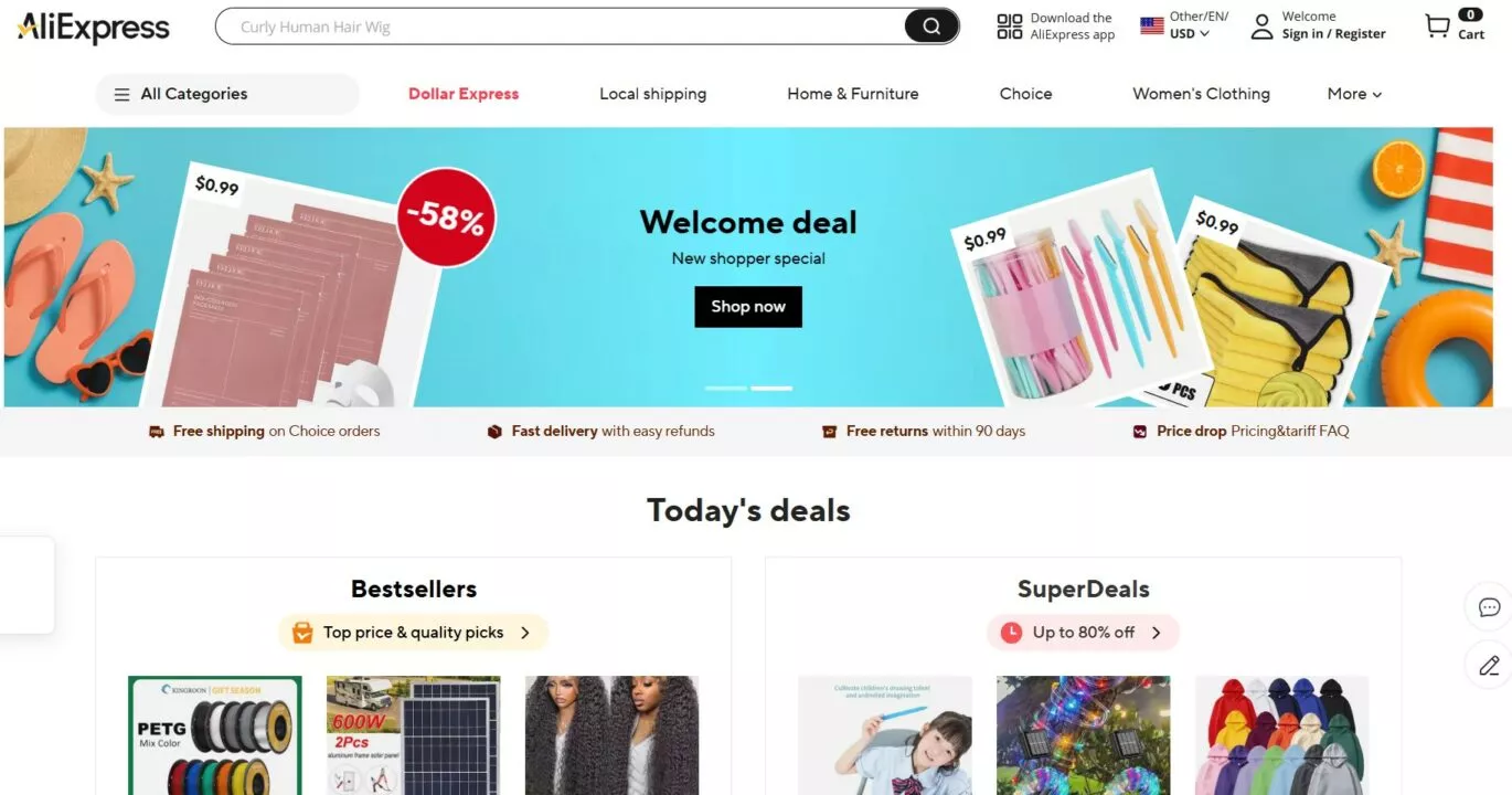 image of the homepage of AliExpress one of the Amazon dropshipping suppliers