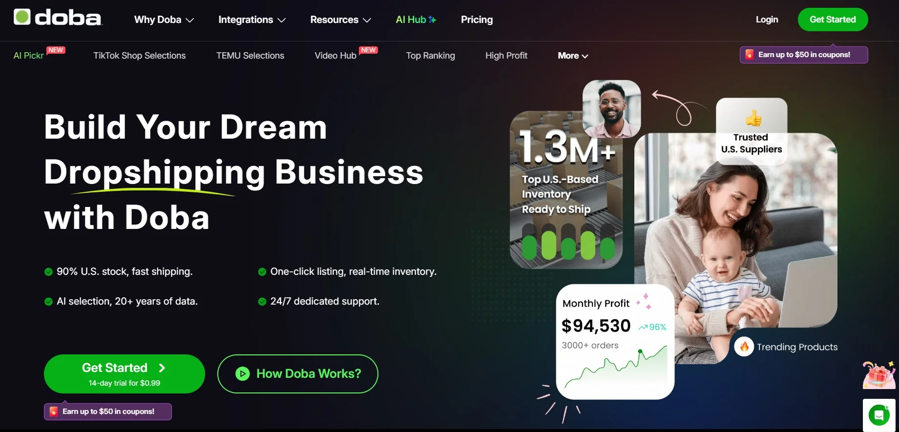 image of the homepage of Doba one of the Amazon dropshipping suppliers