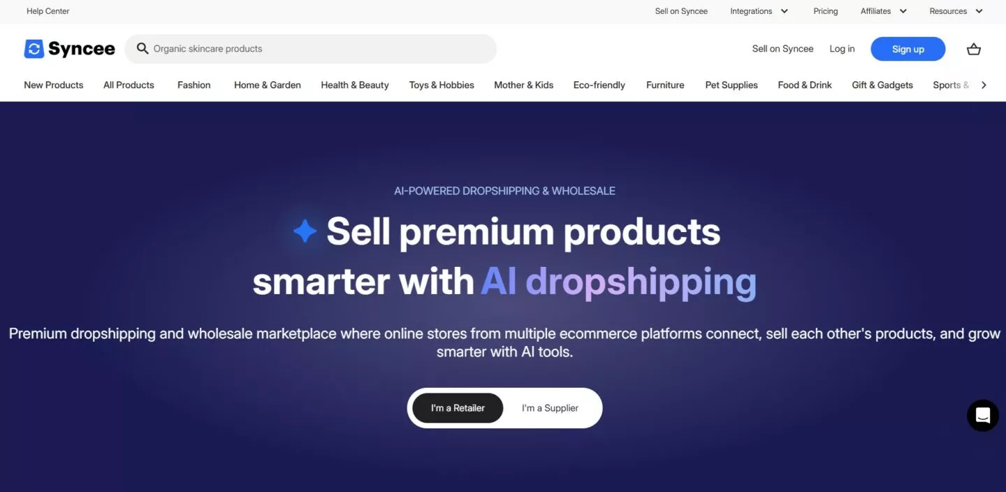 image of the homepage of Syncee one of the Amazon dropshipping suppliers