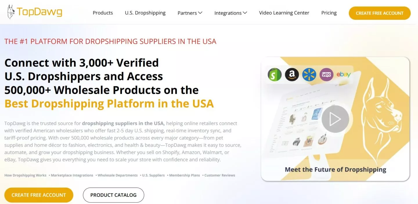 image of the homepage of TopDawg one of the Amazon dropshipping suppliers