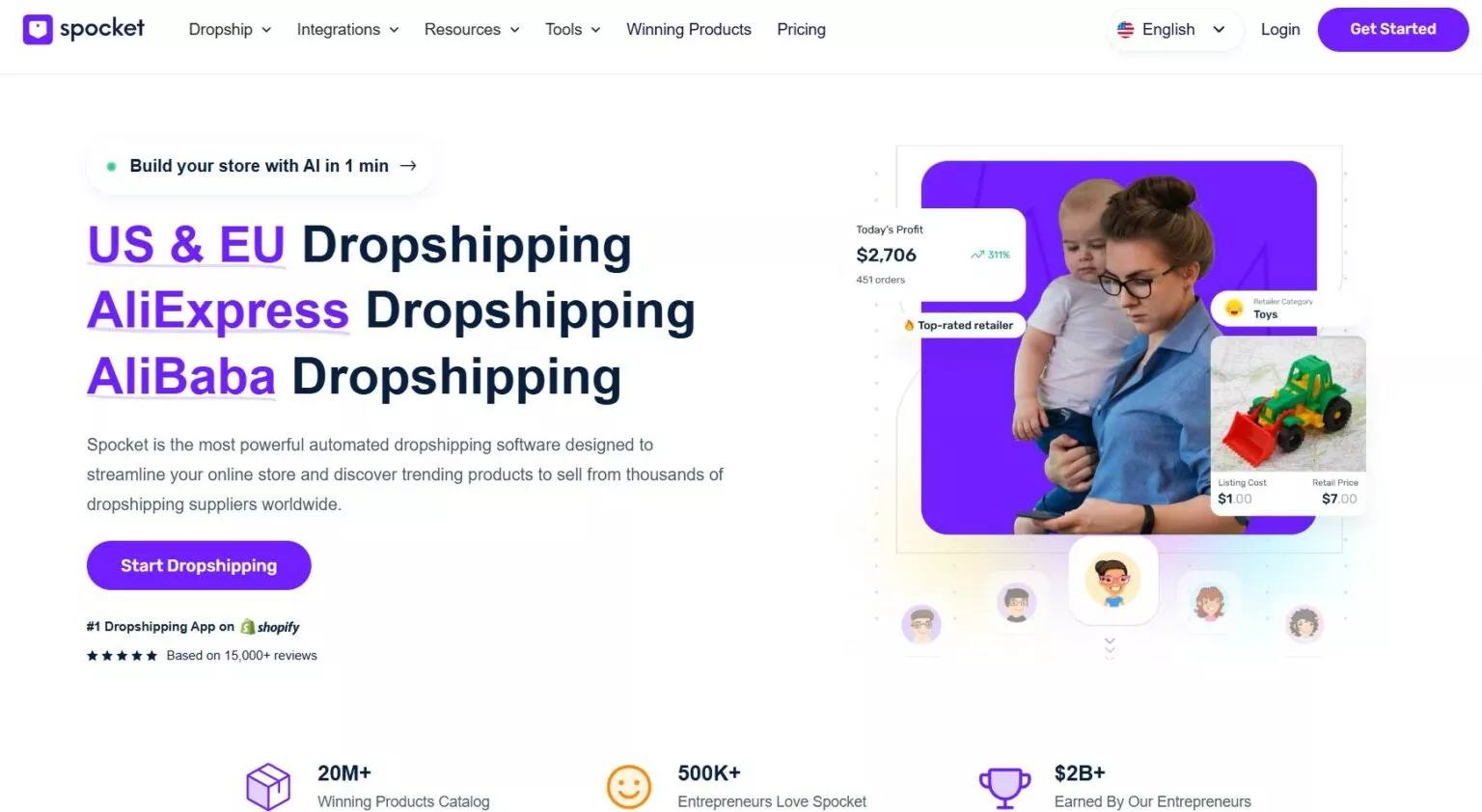 image of the homepage of spocket one of the Amazon dropshipping suppliers