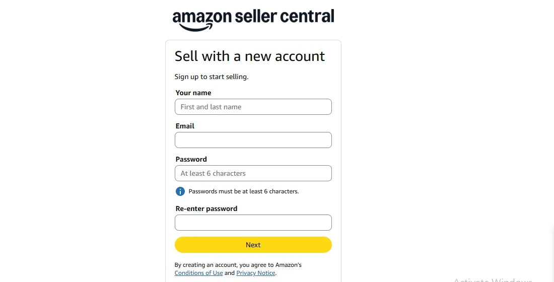 image showing amazon seller central account registration page