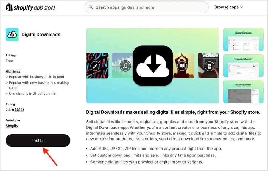 installing the shopify digital downloads app