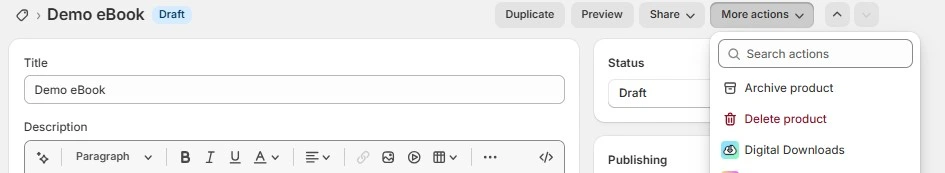 shopify actions menu