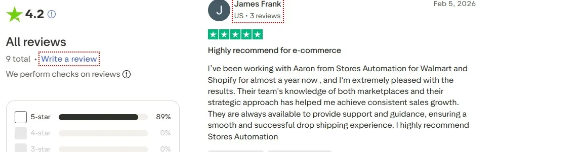 TrustPilot Review For Stores Automation