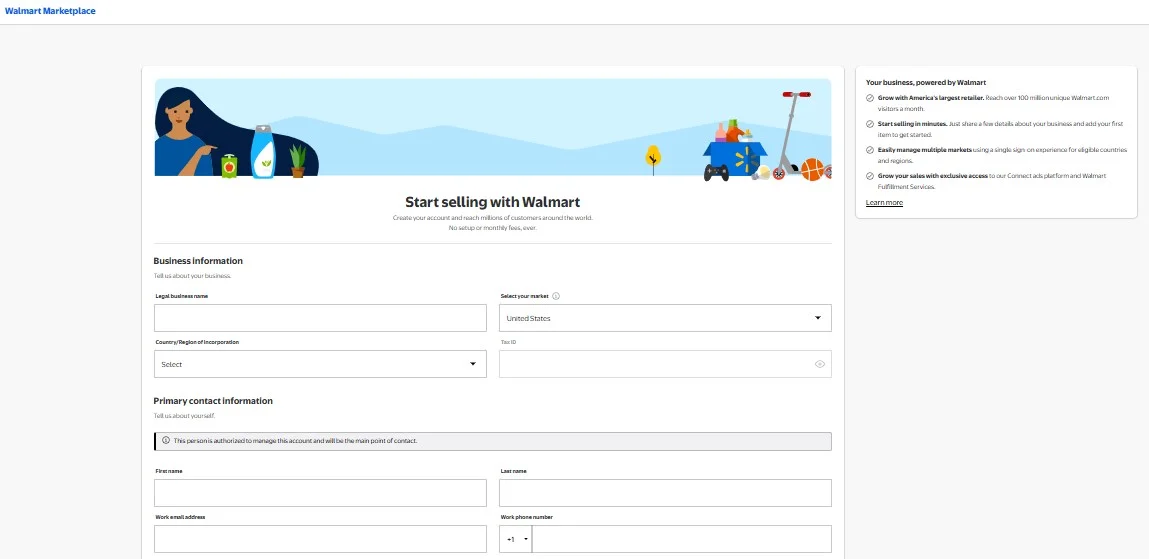 image shows the seller application page of Walmart Marketplace when selling on walmart marketplace