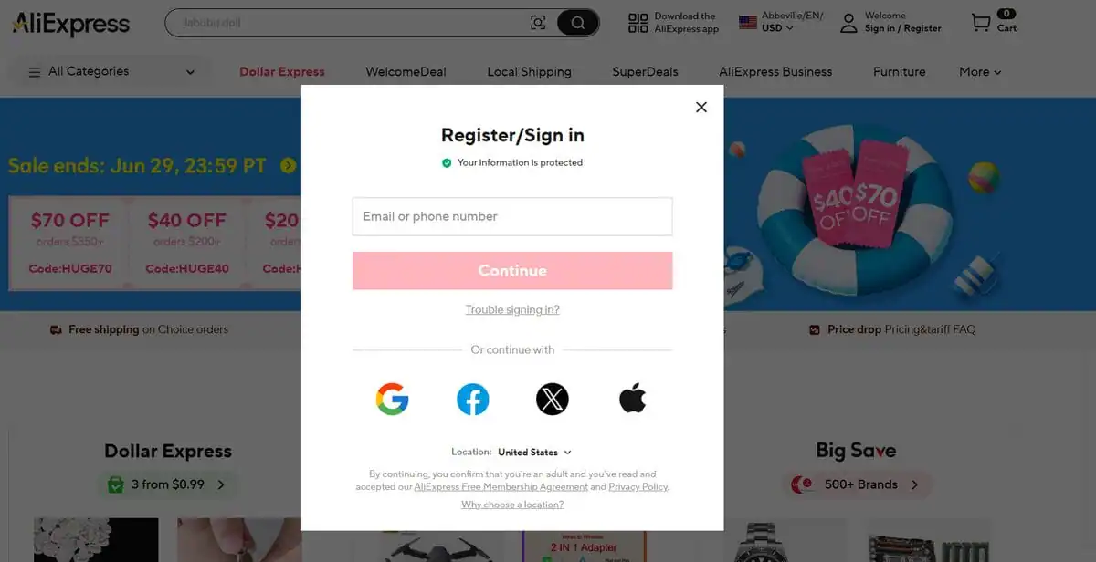 Aliexpress sign up page