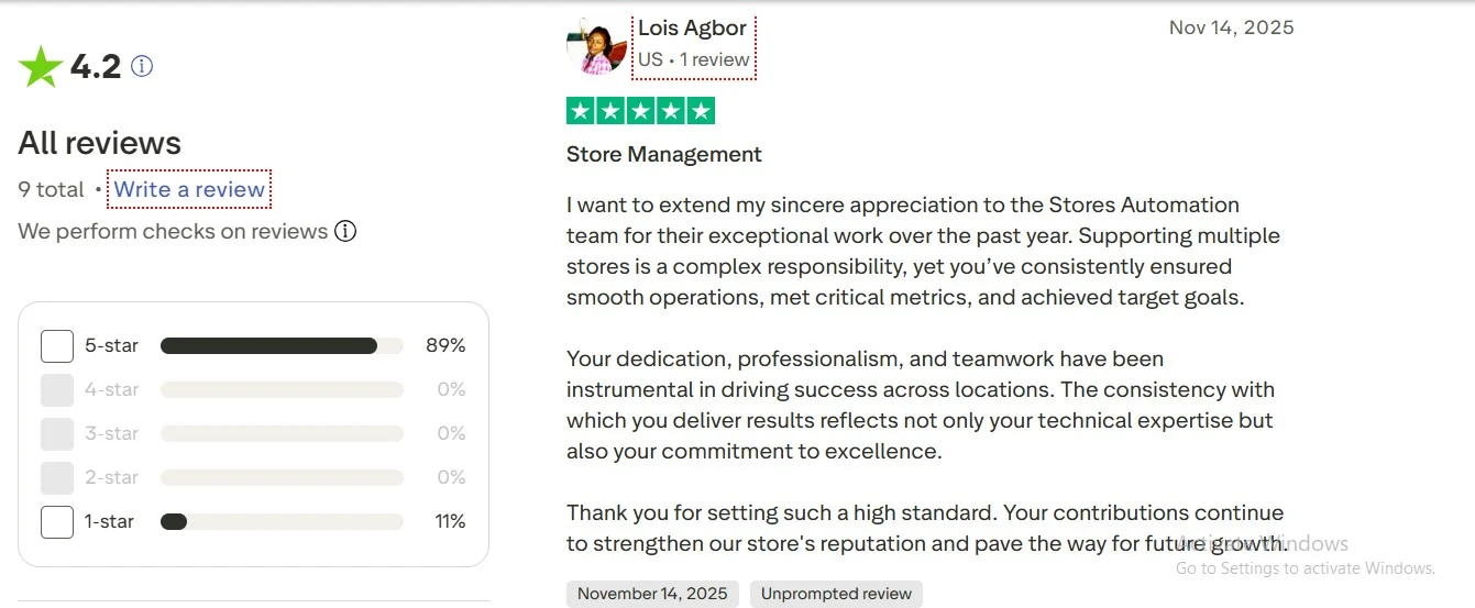 Trustpilot 5-star review from Lois Agbor titled Store Management