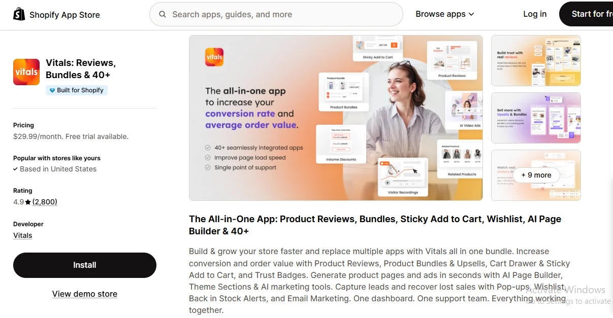 Vitals Shopify upsell app screenshot