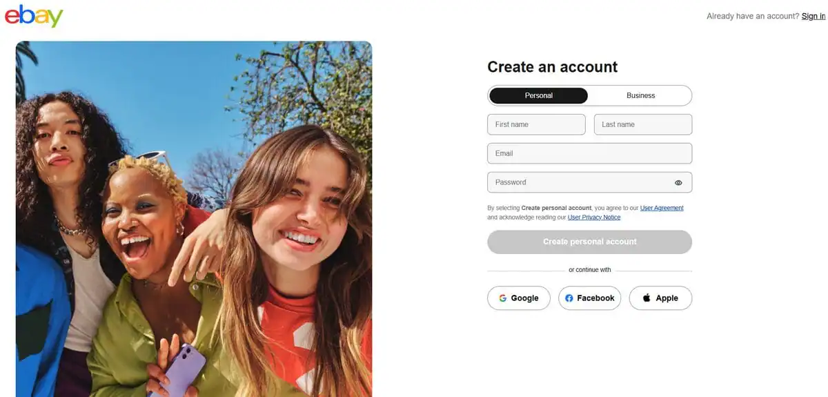 eBay Sign up page