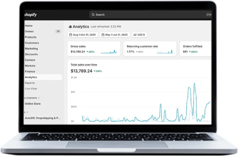 Shopify Analytics dashboard showing $13,789.24 in gross sales, up 241%