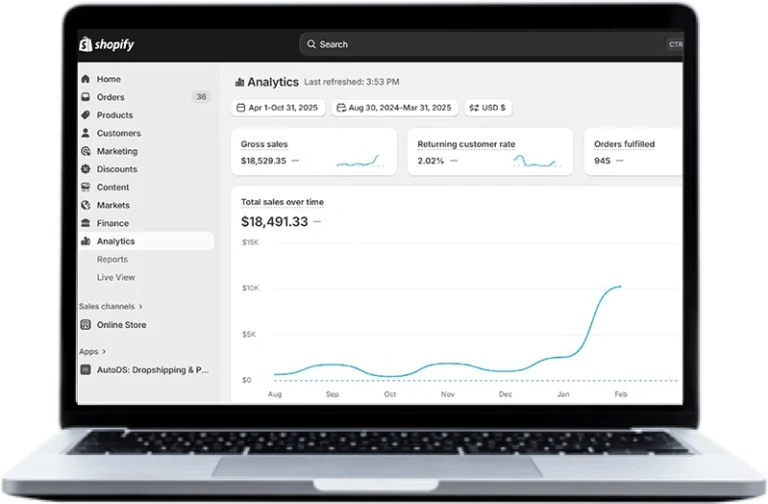 Shopify Analytics dashboard showing $18,491.33 in total sales over time